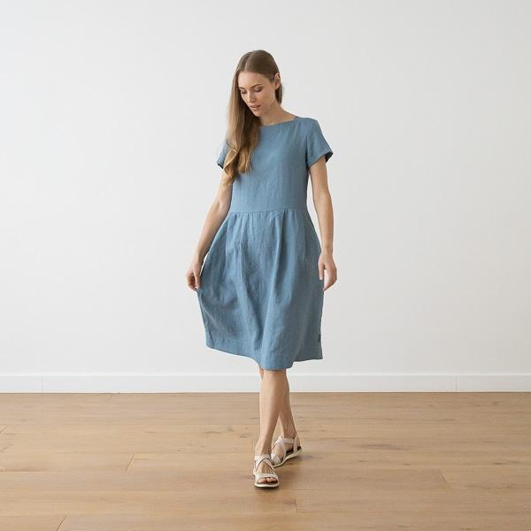 Linenme Smoke Blue Linen Dress Adel