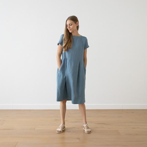 linenme Smoke Blue Linen Dress Adel