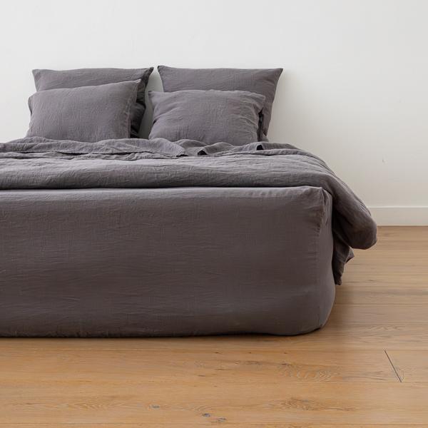 linenme Steel Grey Linen Fitted Sheet Stone washed