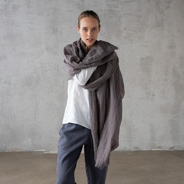 Linenme Steel Grey Linen Shawl Garza Fringe