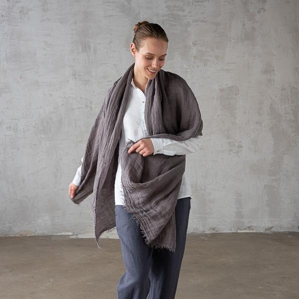linenme Steel Grey Linen Shawl Garza Fringe