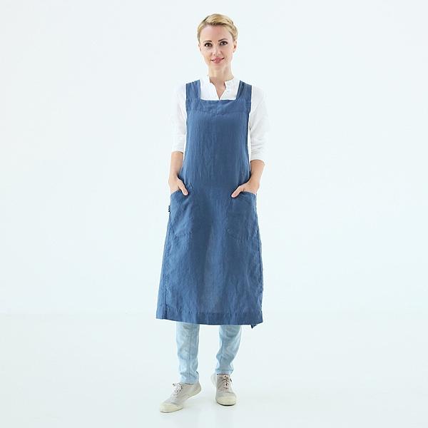 Linenme Stone Washed Linen Back Cross Apron Indigo
