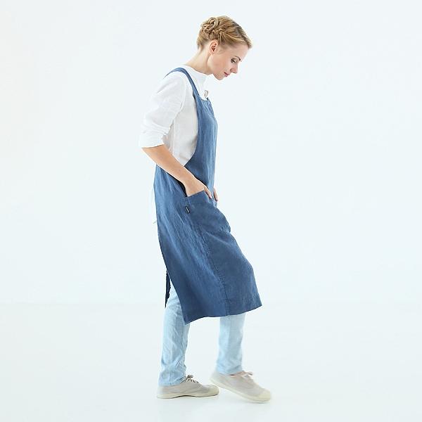 Linenme Stone Washed Linen Back Cross Apron Indigo