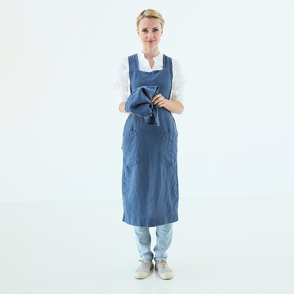 linenme Stone Washed Linen Back Cross Apron Indigo