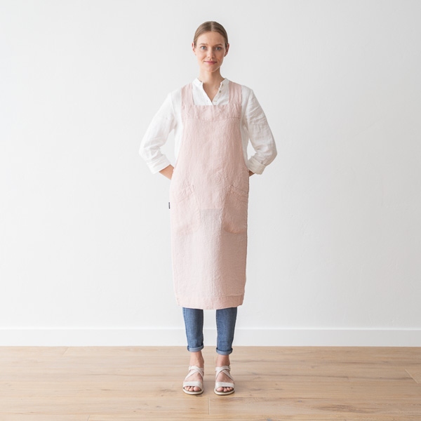 Linenme Stone Washed Linen Back Cross Apron Rosa