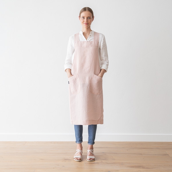 linenme Stone Washed Linen Back Cross Apron Rosa