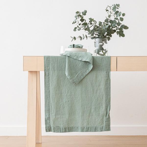 linenme Stone Washed Linen Runner Spa Green
