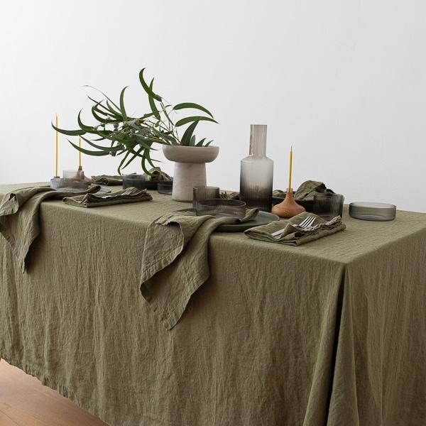 Linenme Stone Washed Olive Green Linen Tablecloth