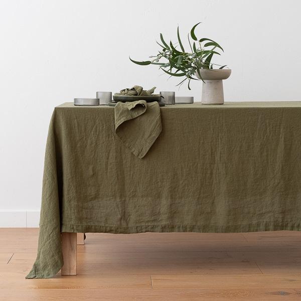 Linenme Stone Washed Olive Green Linen Tablecloth