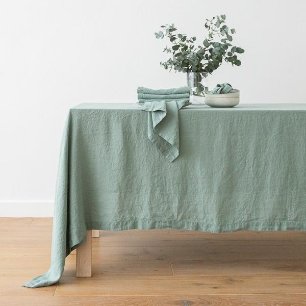 linenme Stone Washed Spa Green Linen Tablecloth