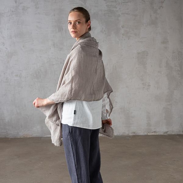 Linenme Taupe Linen Shawl Garza Fringe