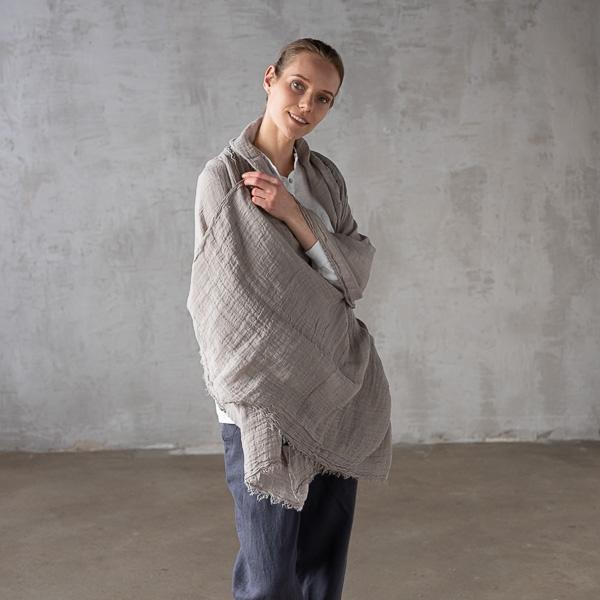 Linenme Taupe Linen Shawl Garza Fringe