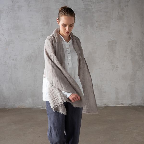 linenme Taupe Linen Shawl Garza Fringe