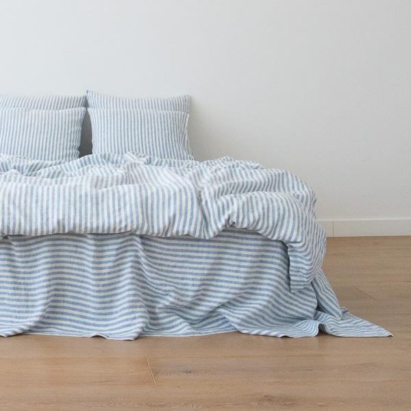 linenme Washed Bed Linen Duvet Ticking Stripe Blue
