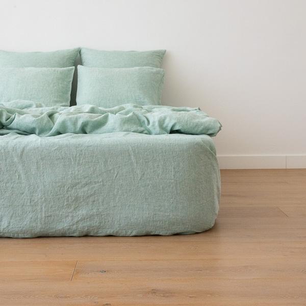 linenme Washed Bed Linen Fitted Sheet Melange Mint