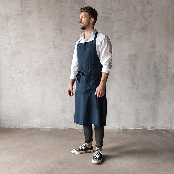 Linenme Washed Linen Men's Bib Apron Navy Blue