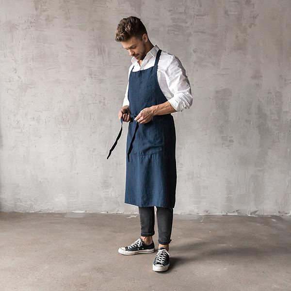 Linenme Washed Linen Men's Bib Apron Navy Blue