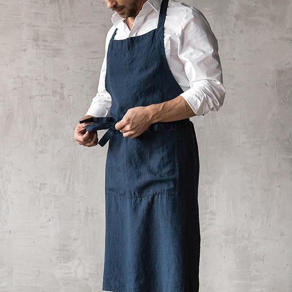 Linenme Washed Linen Men's Bib Apron Navy Blue