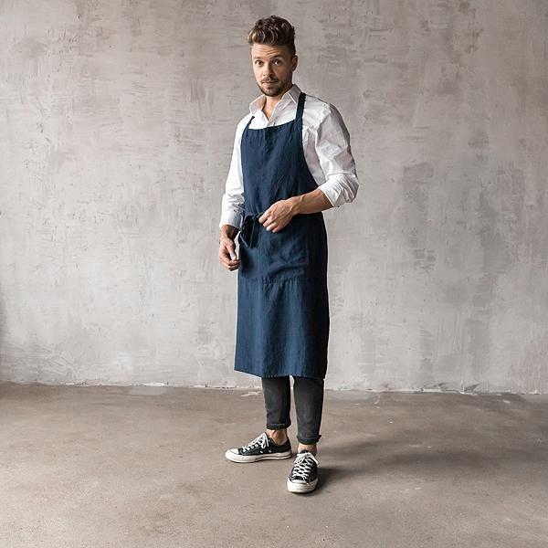 linenme Washed Linen Men's Bib Apron Navy Blue