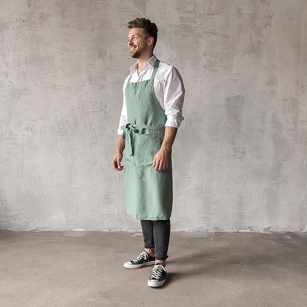 Linenme Washed Linen Men's Bib Apron Spa Green