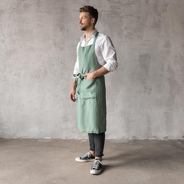 Linenme Washed Linen Men's Bib Apron Spa Green
