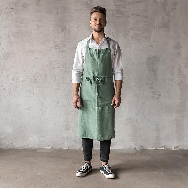 linenme Washed Linen Men's Bib Apron Spa Green