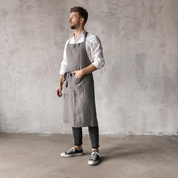 Linenme Washed Linen Men's Bib Apron Steel Grey