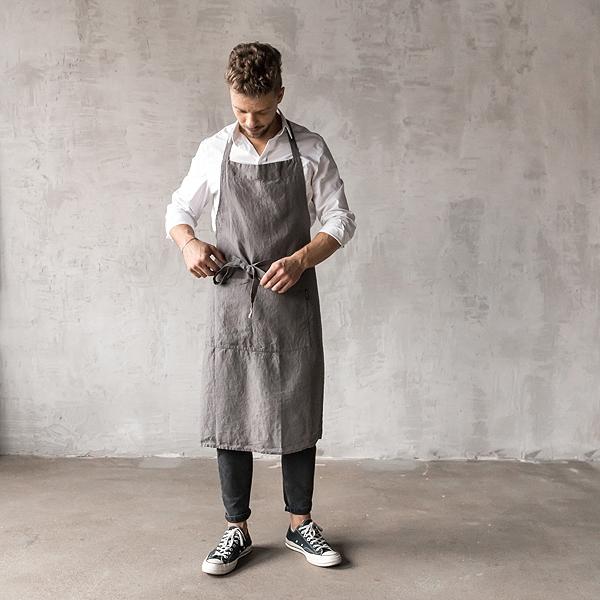 Linenme Washed Linen Men's Bib Apron Steel Grey