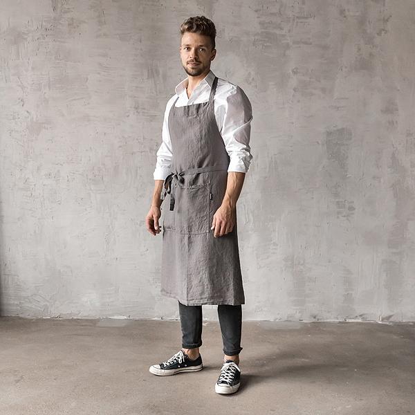 linenme Washed Linen Men's Bib Apron Steel Grey