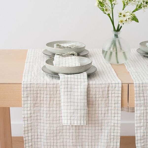 Linenme Washed Linen Runner White Arctic Check