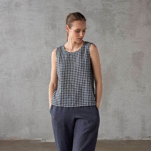 Linenme Washed Linen Tank Top Navy Check Alice