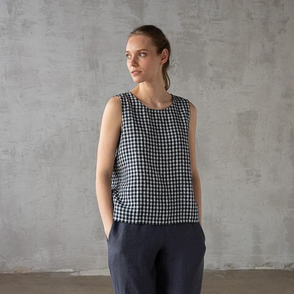 Linenme Washed Linen Tank Top Navy Check Alice