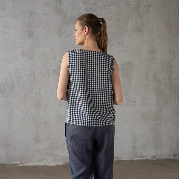 Linenme Washed Linen Tank Top Navy Check Alice
