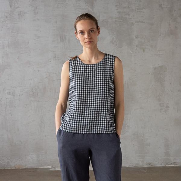 linenme Washed Linen Tank Top Navy Check Alice
