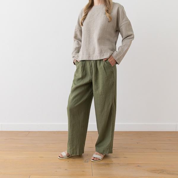 Linenme Washed Olive Green Linen Trousers Florence