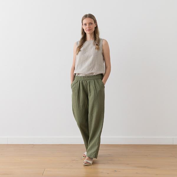 Linenme Washed Olive Green Linen Trousers Zoe