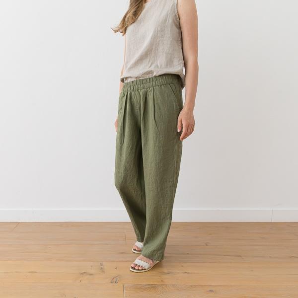 Linenme Washed Olive Green Linen Trousers Zoe