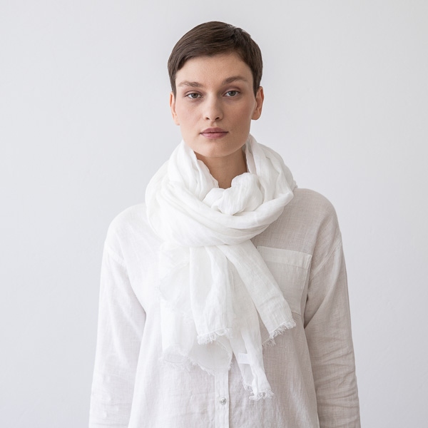 Linenme White Linen Shawl Garza Fringe