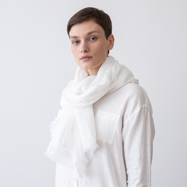 Linenme White Linen Shawl Garza Fringe