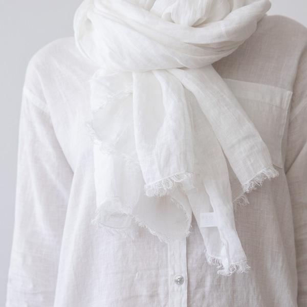 Linenme White Linen Shawl Garza Fringe