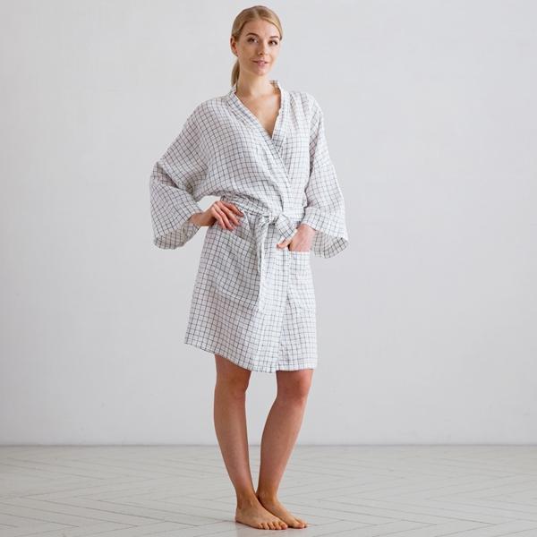 Linenme White Navy Check Linen Bath Robe Alma