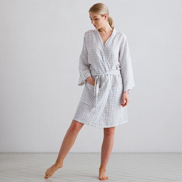 Linenme White Navy Check Linen Bath Robe Alma