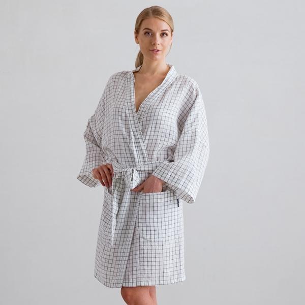 Linenme White Navy Check Linen Bath Robe Alma
