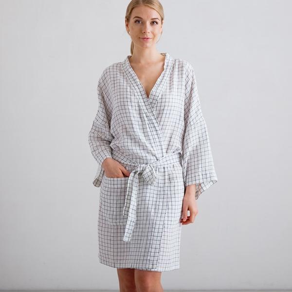 linenme White Navy Check Linen Bath Robe Alma