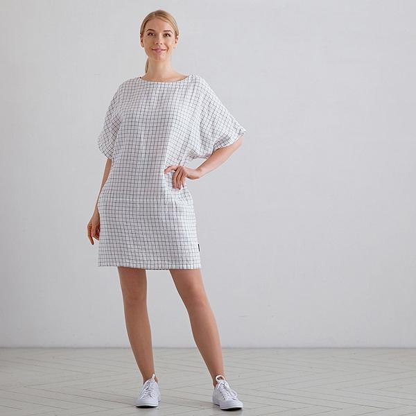 Linenme White Navy Check Linen Tunic Dress Bianca