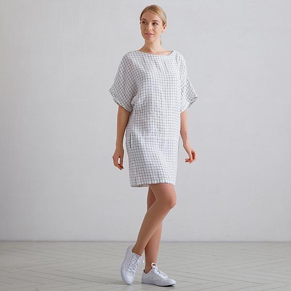 Linenme White Navy Check Linen Tunic Dress Bianca