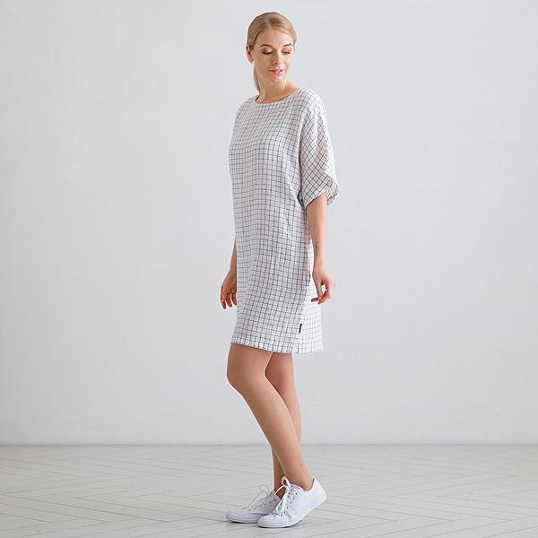 Linenme White Navy Check Linen Tunic Dress Bianca