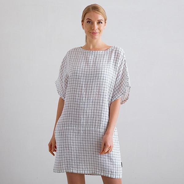 linenme White Navy Check Linen Tunic Dress Bianca