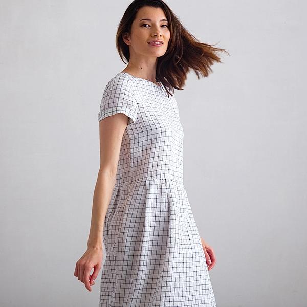 Linenme White Navy Checked Linen Dress Adel