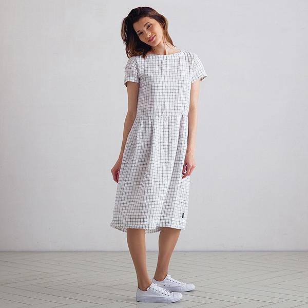 Linenme White Navy Checked Linen Dress Adel